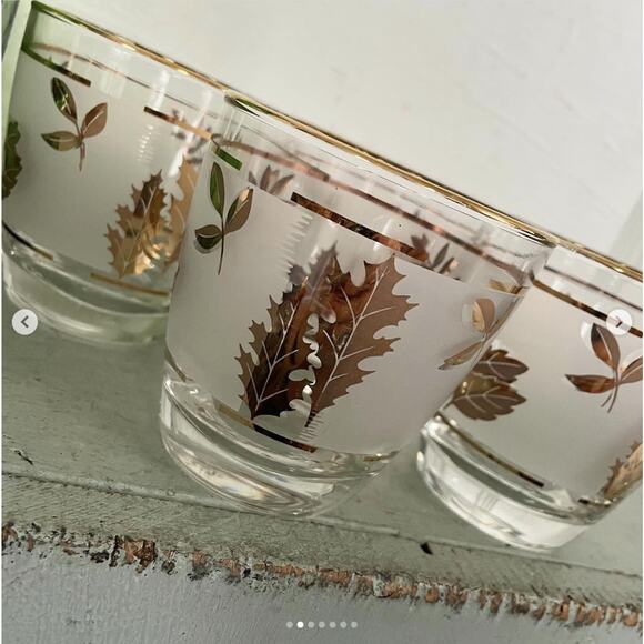 Vintage Drinking Glass Low Ball Frosted Gold MCM Barware Leaf Libbey Set 3 - Picture 1 of 7
